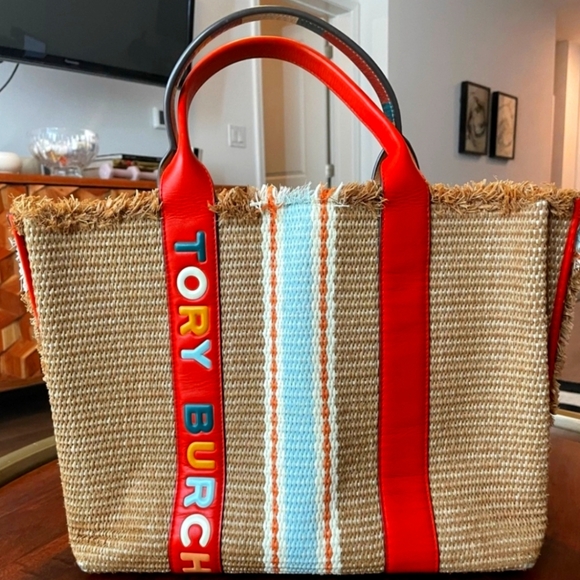 Tory Burch Handbags - Tory Burch Brown Tote Bag with Red Accents